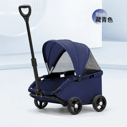 Pet Zen 4-Wheel Dog Stroller with Sunshade Cover in Blue navy fabric, mesh canopy on Tampa Home & Garden Store