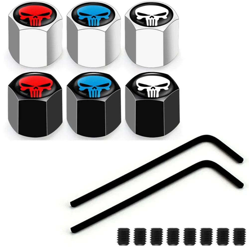 Anti-Theft Skull Valve Caps 6 red blue white skulls on chrome or black bases plus 2 wrench keys on Tampa Home & Garden Store