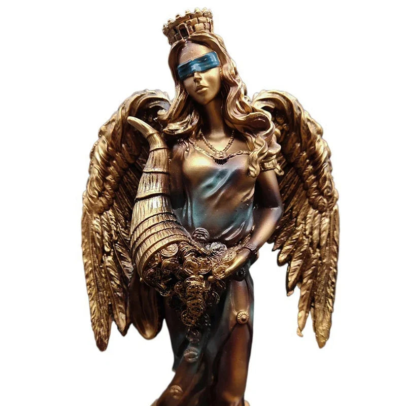 Perfecsy Greek Goddess of Wealth resin statue, gold-toned winged desktop decor on Tampa Home & Garden Store