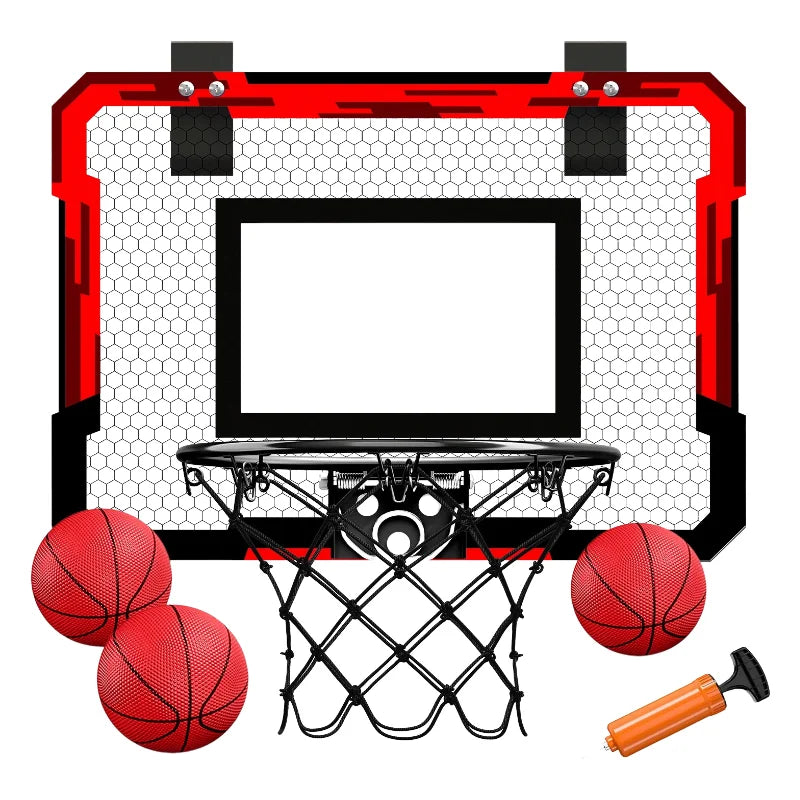 Mini wall-mounted basketball hoop set with net and backboard, 3 red balls and orange pump on Tampa Home & Garden Store