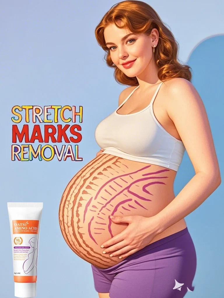 Pregnant woman in white sports bra with painted belly stretch marks; Silcy Skin cream tube visible on Tampa Home & Garden Store