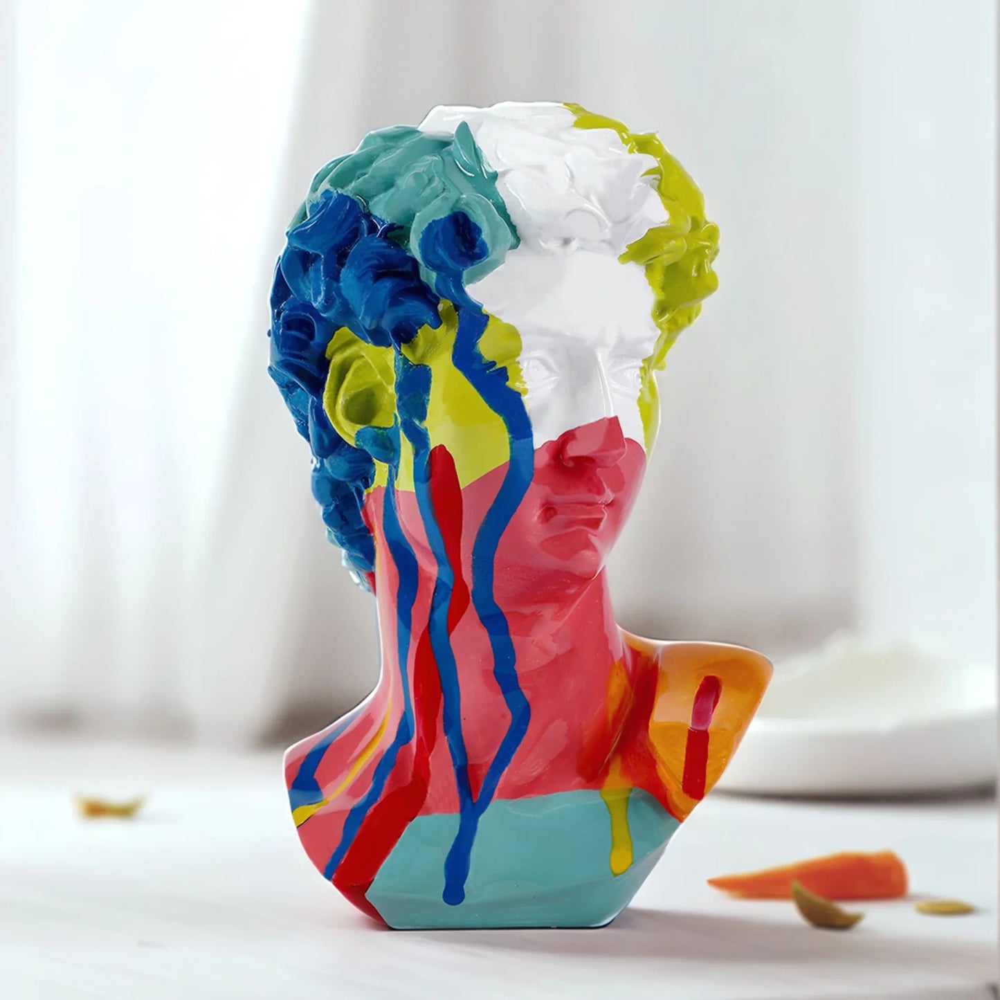 Perfecsy David Head resin statue bust in bold multicolor paint drips for living room decor on Tampa Home & Garden Store