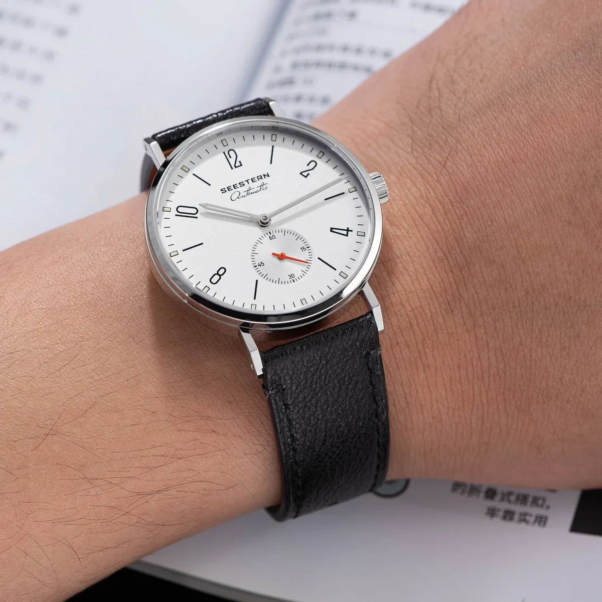 Men's ultra-thin automatic dress watch Seestern, stainless steel case, black leather strap on Tampa Home & Garden Store