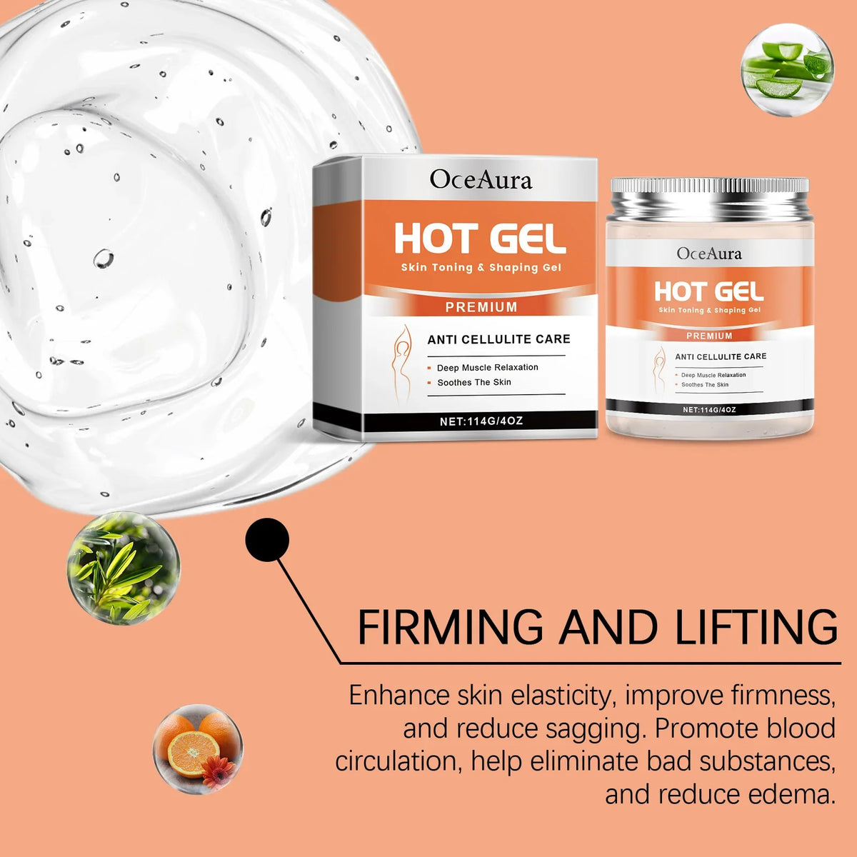 OceAura Hot Gel anti cellulite care box and jar, skin toning & shaping gel on peach background on Tampa Home & Garden Store