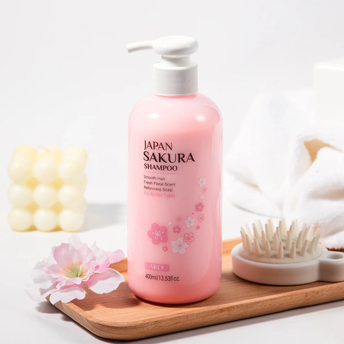 LAIKOU Japan Sakura Shampoo pink bottle with white pump sakura design 400ml on Tampa Home & Garden Store
