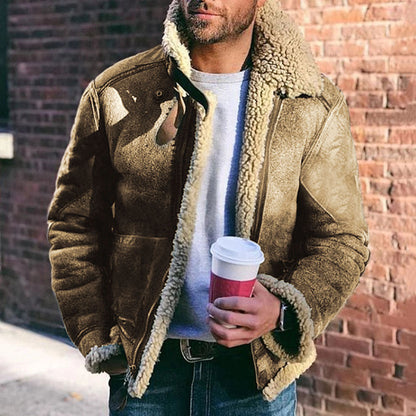 Mens brown suede biker jacket with cream shearling lining and stand collar by UpTrend Deals on Tampa Home & Garden Store