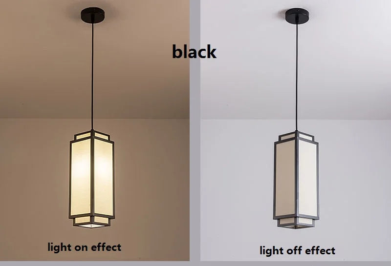 Perfecsy black pendant light with cream fabric shade, modern Chinese chandelier — two views on Tampa Home & Garden Store