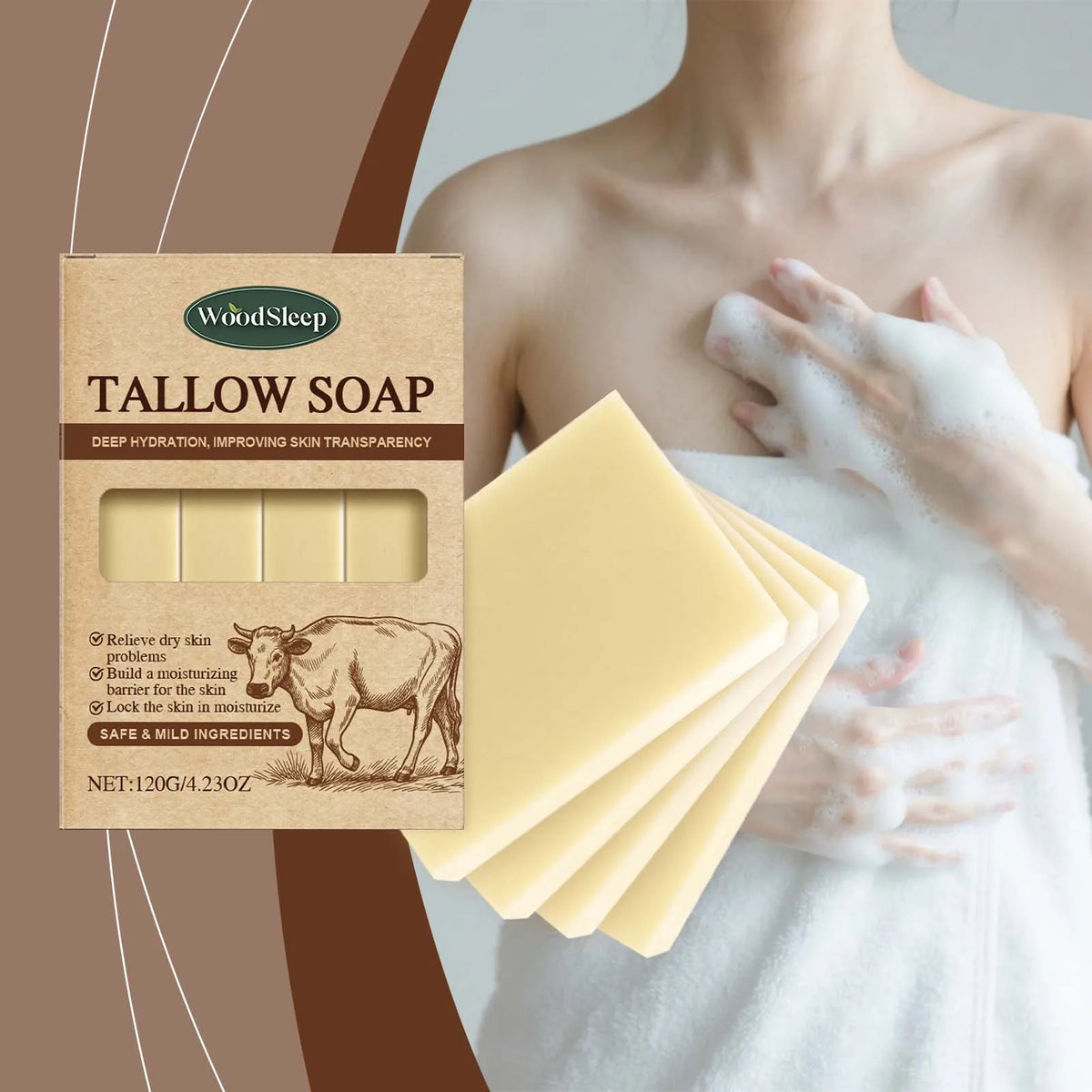 Beef tallow soap bar with WoodSleep logo and pale yellow bars beside a person washing foam on Tampa Home & Garden Store
