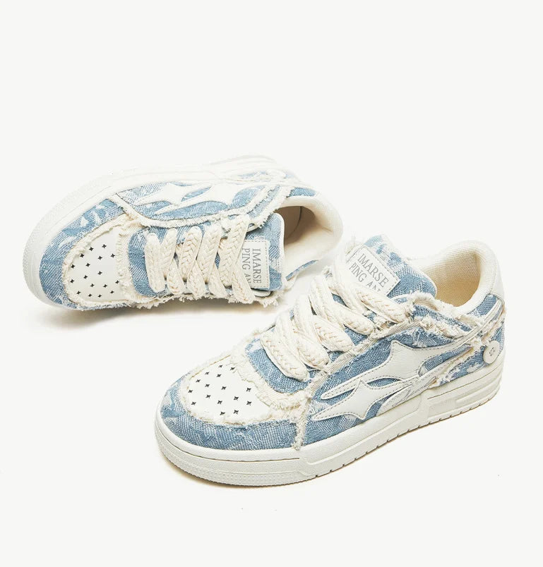 EstaliosFit tennis sneakers denim blue with distressed edges and leather star detail pair on Tampa Home & Garden Store