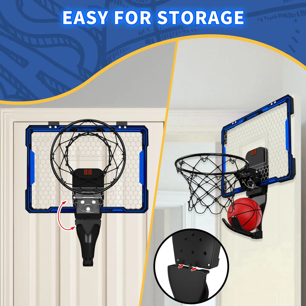 Blue-framed wall-mounted mini basketball hoop with 7-LED scoreboard for kids on Tampa Home & Garden Store