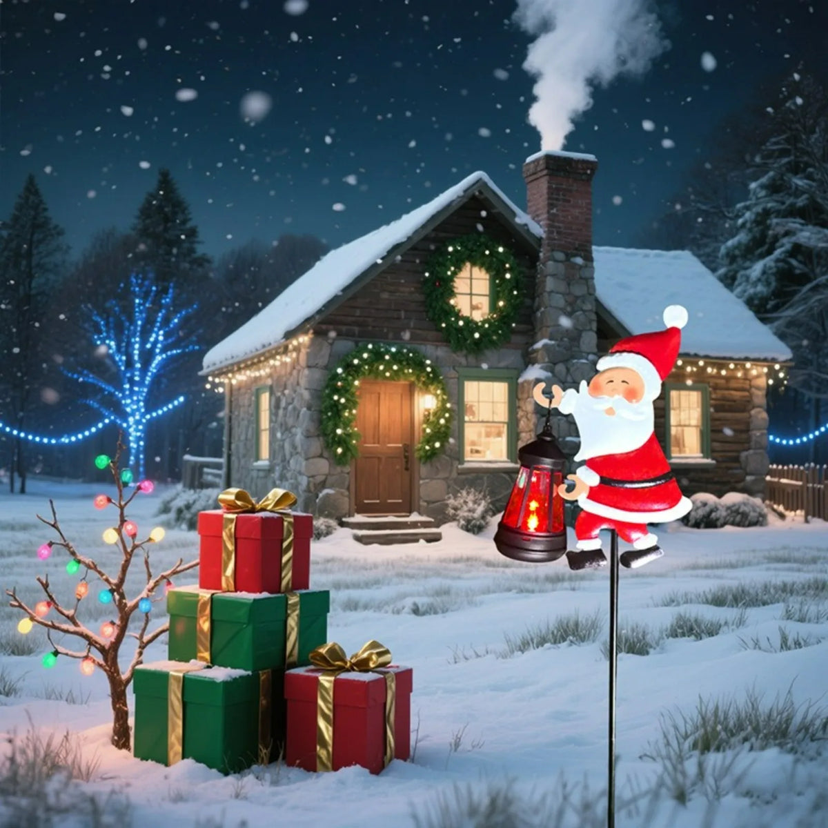 Santa Claus solar LED ground lamp garden decor with lantern in snowy yard and 4 wrapped gifts on Tampa Home & Garden Store