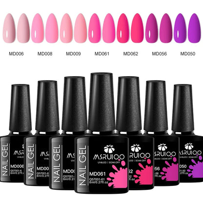 7pc Nail Gel Polish Set with pink to purple shades in MSRUOO bottles for soak-off UV gel manicure on Tampa Home & Garden Store