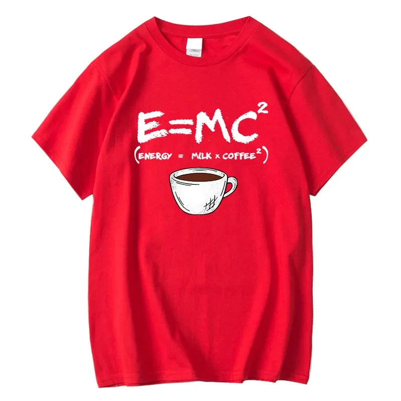 Men's red cotton T-shirt Funny Energy=Milk+Coffee Summer Tee with coffee cup graphic on Tampa Home & Garden Store