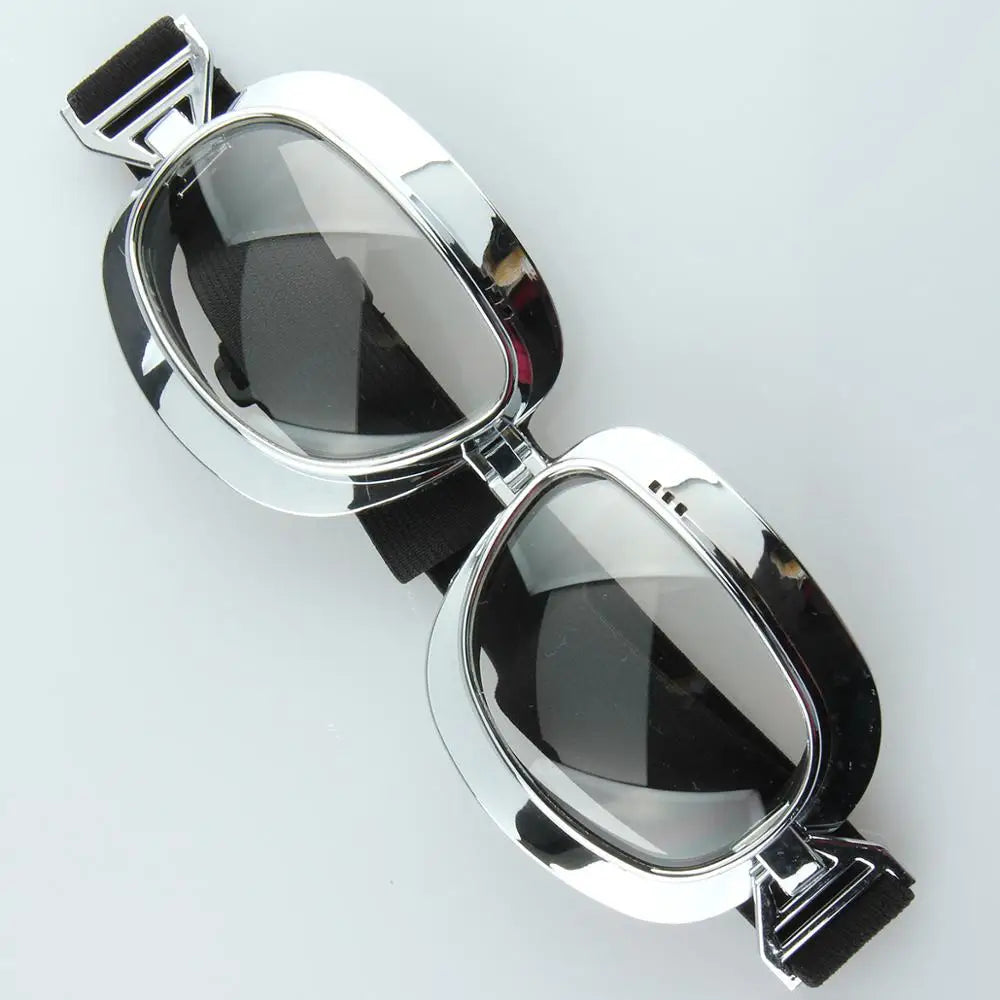 Motorcycle goggles BikerZoneZ chrome frame, black strap, dark lenses on Tampa Home & Garden Store