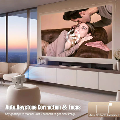 4K portable projector with auto focus, white unit on a stand projecting a large image on a wall on Tampa Home & Garden Store