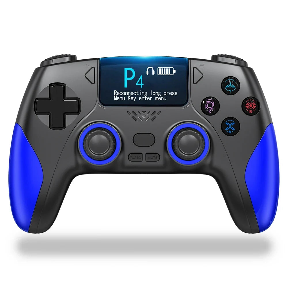 Smart Screen Wireless PS4-style game controller with display, black body blue grips on Tampa Home & Garden Store