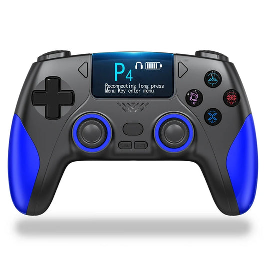 Smart Screen Wireless PS4-style game controller with display, black body blue grips on Tampa Home & Garden Store