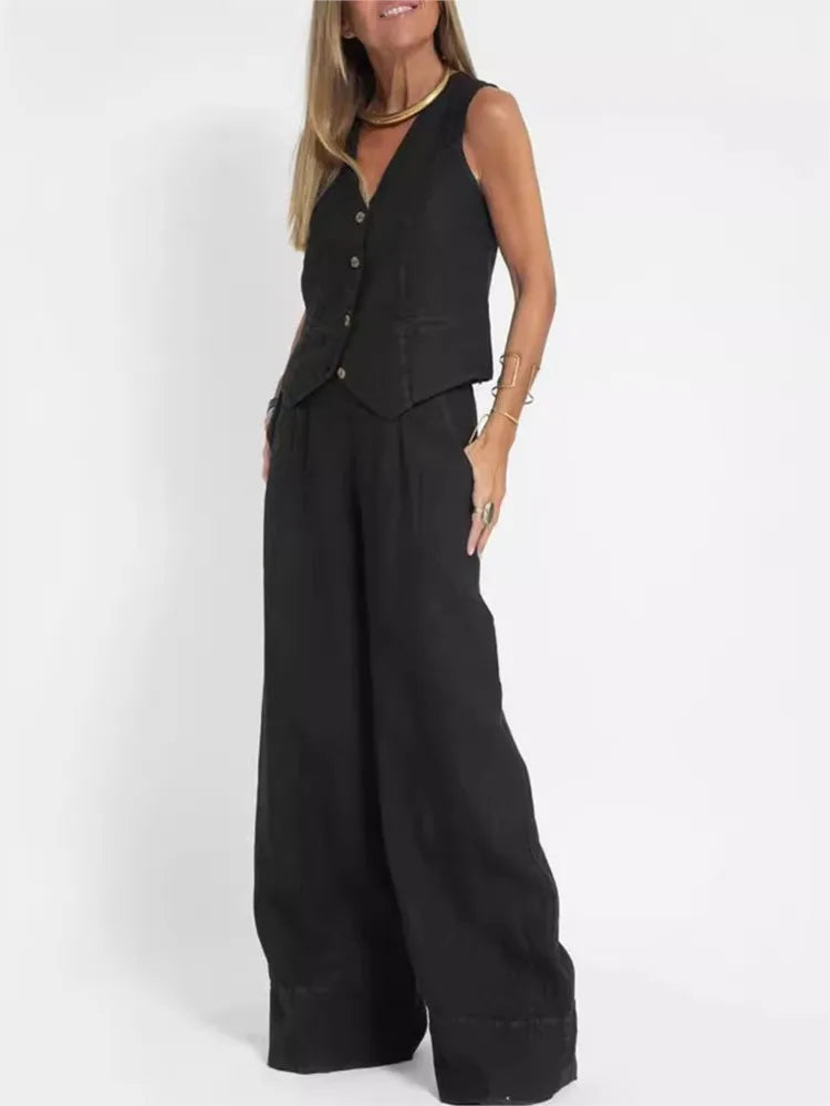 Women's Sleeveless Vest and Pants Set by UpTrend Deals with button-front vest and wide-leg pants on Tampa Home & Garden Store