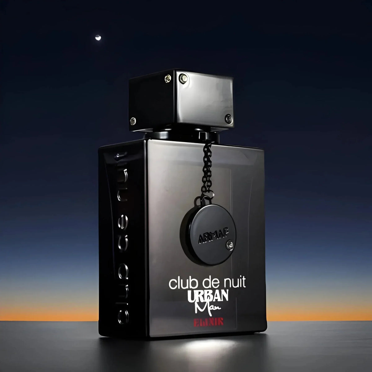 Armaf Club de Nuit Urban Man perfume box in black metal with dial and chain backdrop on Tampa Home & Garden Store