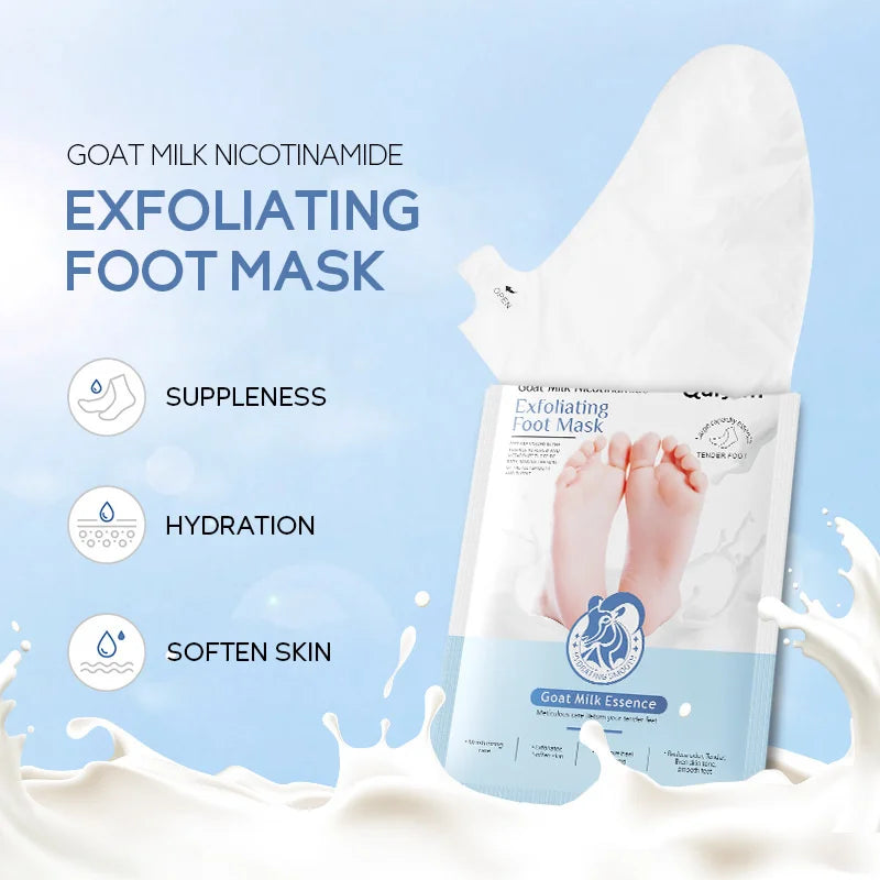 Exfoliating Foot Mask with goat milk essence, white spa socks and blue packaging on Tampa Home & Garden Store