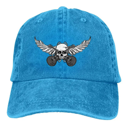 Blue velour baseball cap by BikerZoneZ with multicolor skull-wing and guitar graphic on Tampa Home & Garden Store