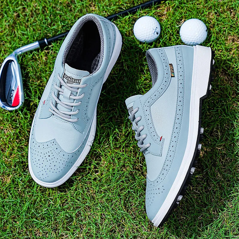 Men's Golf Shoes - Leather Breathable Trainer, light blue leather, EstaliosFit pair on Tampa Home & Garden Store