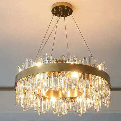 DecorBites Luxe Crystal Chandelier gold ring with hanging prisms LED indoor pendant light on Tampa Home & Garden Store