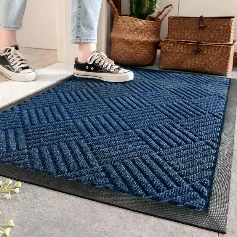 DecorBites blue rubber indoor outdoor doormat with textured surface and shoe scraper on Tampa Home & Garden Store
