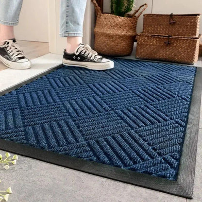 DecorBites blue rubber indoor outdoor doormat with textured surface and shoe scraper on Tampa Home & Garden Store