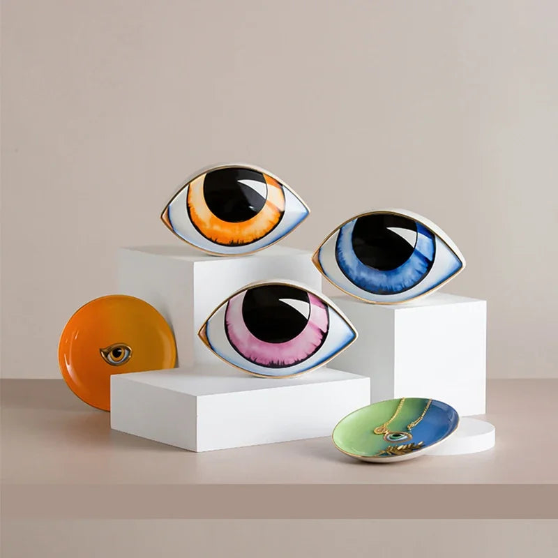 Nordic ceramic devil's-eye eye sculpture trio with blue pink irises for abstract decor on Tampa Home & Garden Store