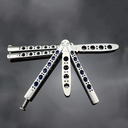 Stainless steel butterfly knife trainer with drilled holes and blue accents by FLIPSTYLEZLLC on Tampa Home & Garden Store