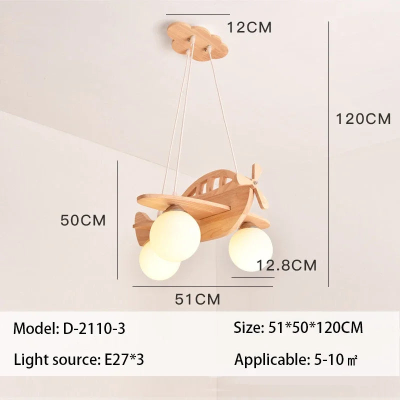DecorBites Kids Wood Airplane Chandelier natural wood finish three warm LED bulbs ceiling canopy on Tampa Home & Garden Store