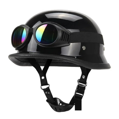DOT Certification Half Helmet by BikerZoneZ, retro black gloss, with mirrored goggles on Tampa Home & Garden Store