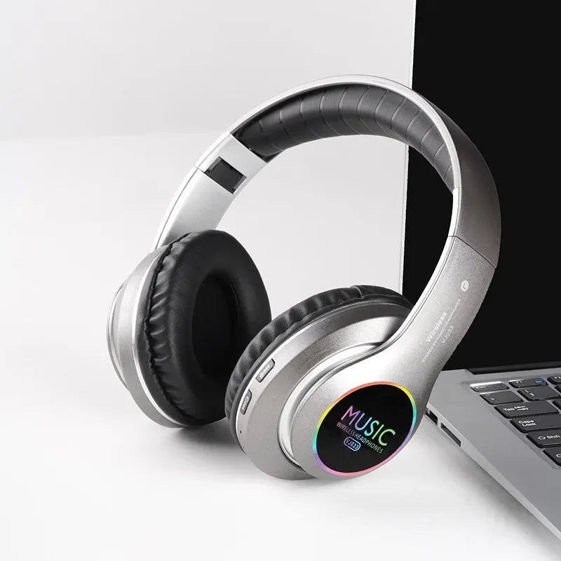 Wireless Bluetooth 5.0 HiFi headphones silver metal frame black cushions foldable rainbow logo on Tampa Home & Garden Store