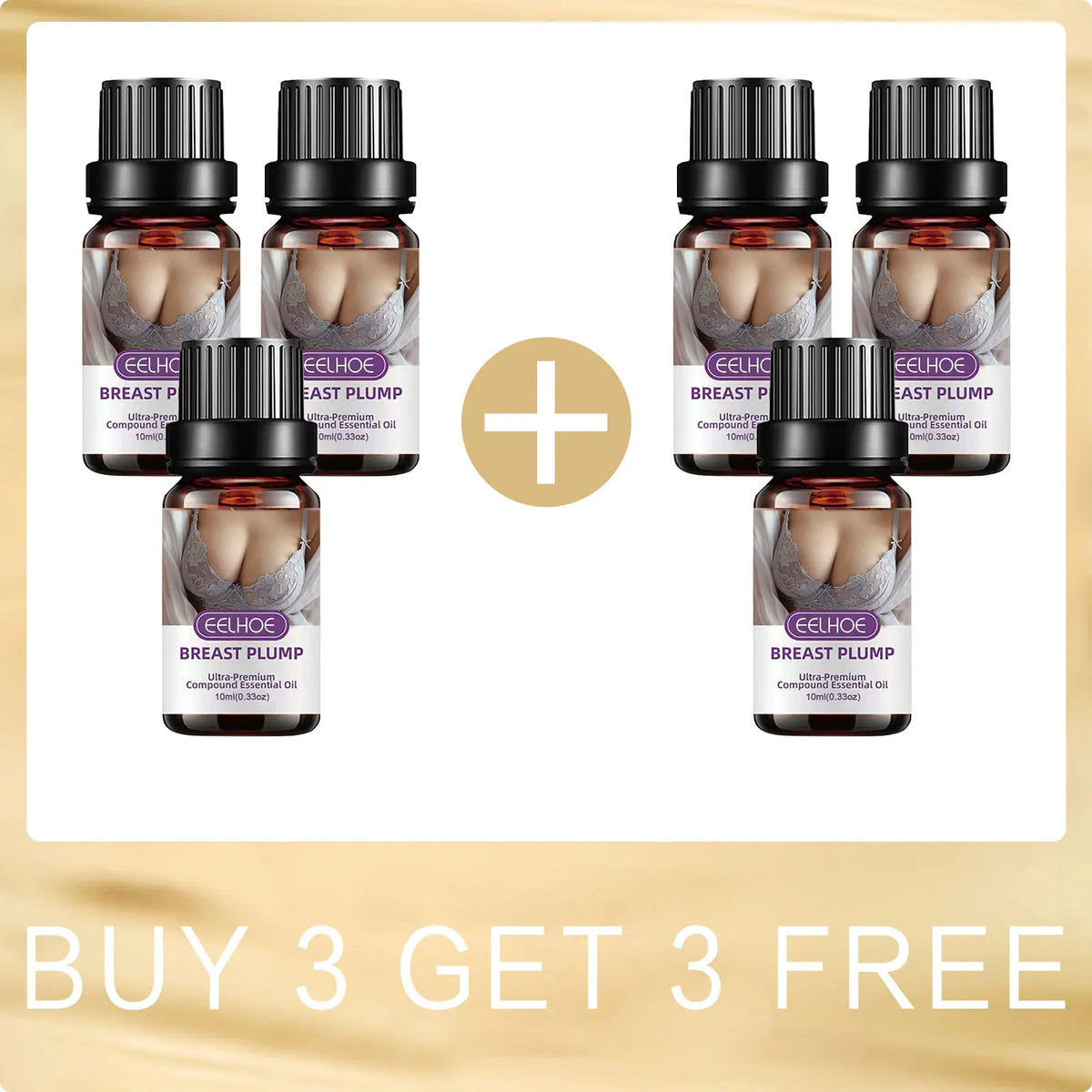 Six EELHOE Breast Plump oil bottles by Silcy Skin with purple labels around a plus sign on Tampa Home & Garden Store