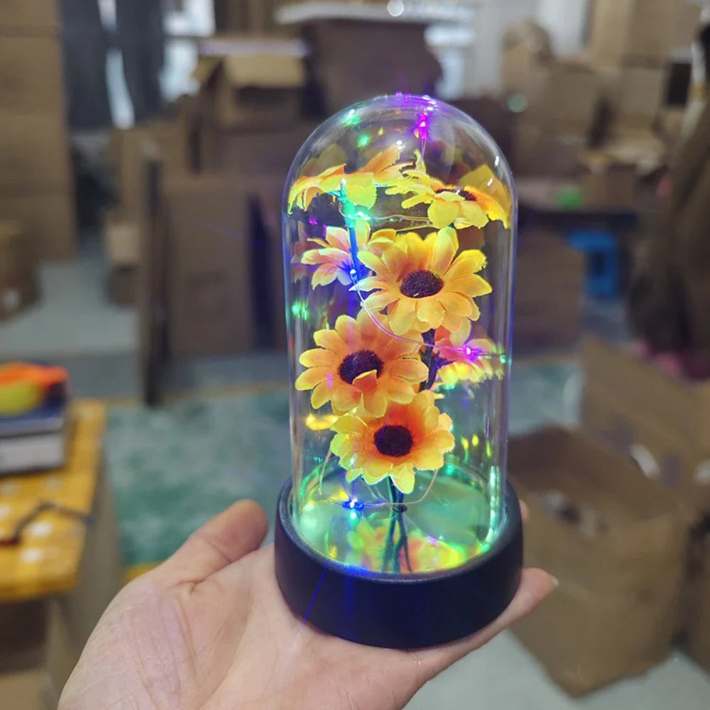 Sunflower LED Glass Dome Night Light Artificial Flower Graduation Gift Home Decor
