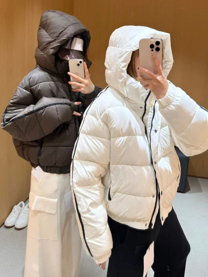 White women's hooded puffer jacket by UpTrend Deals, thick padded coat; two models on Tampa Home & Garden Store