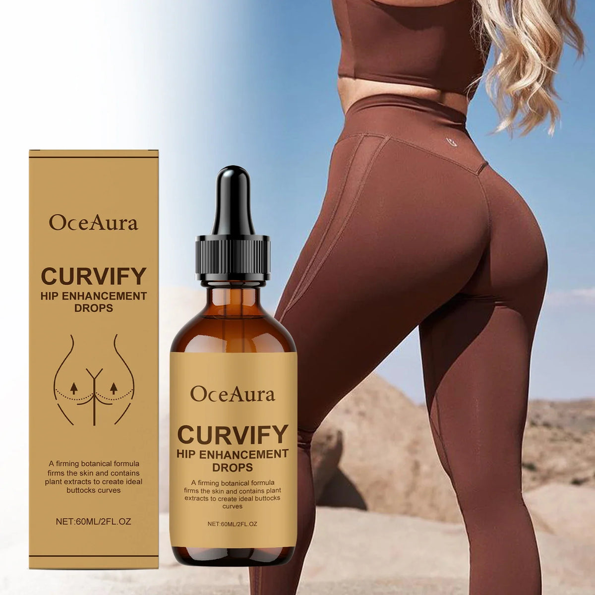OceAura CURVIFY Hip Enhancement Drops bottle with box beside a model in brown wear on beach on Tampa Home & Garden Store