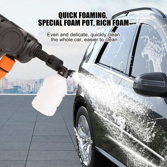 UpTrend Deals cordless high-pressure washer spray gun, orange handle, foaming a car on Tampa Home & Garden Store