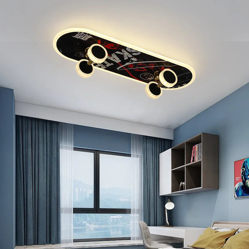 DecorBites Kids Skateboard LED Ceiling Light with skateboard deck graphic and warm halo LEDs on Tampa Home & Garden Store