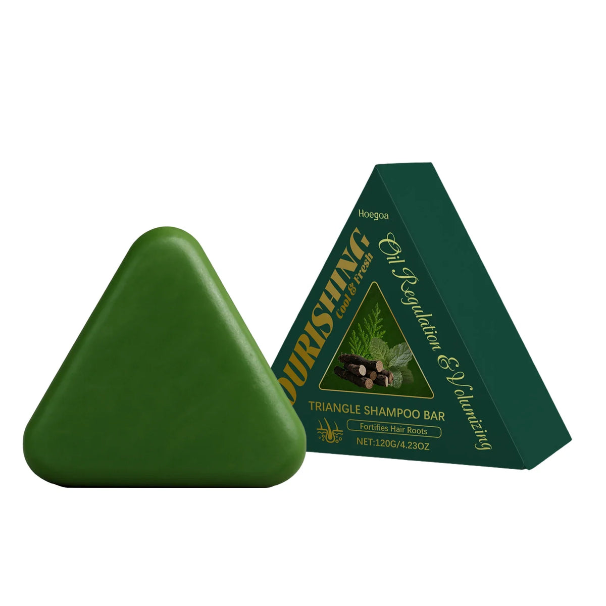 Triangle green hair growth shampoo bar by Silcy Skin with dark green triangular packaging on Tampa Home & Garden Store