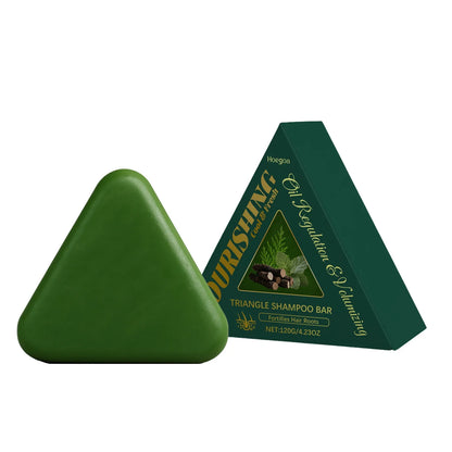 Triangle green hair growth shampoo bar by Silcy Skin with dark green triangular packaging on Tampa Home & Garden Store