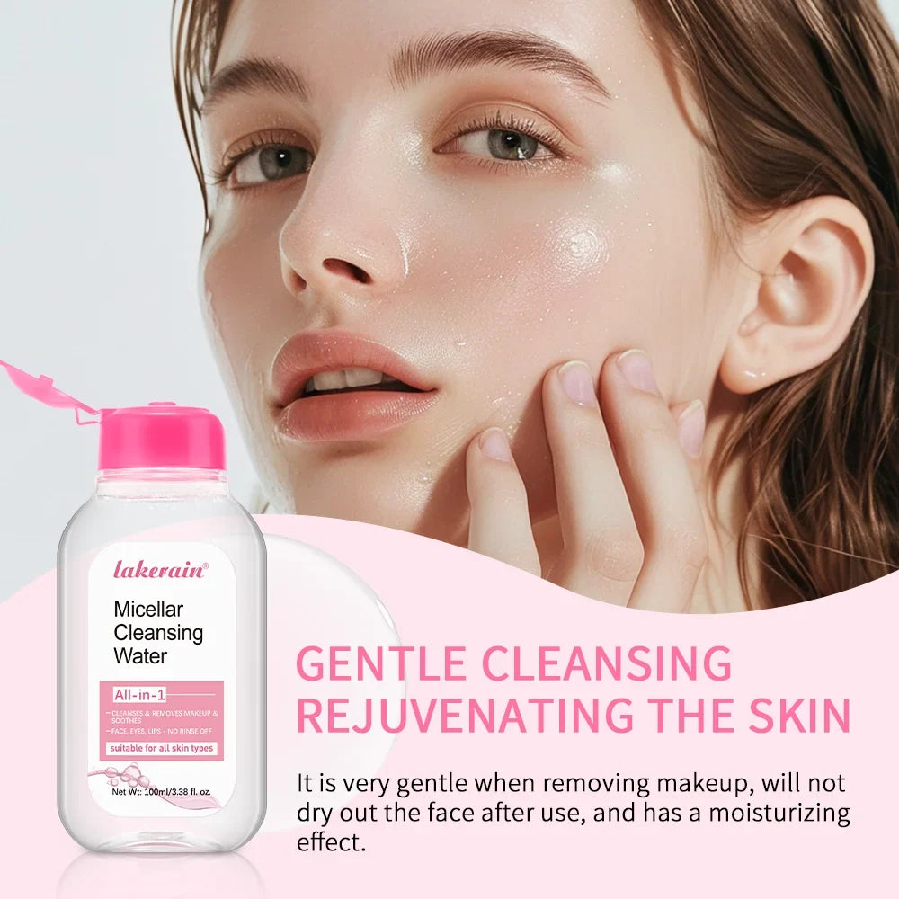Garnier Micellar Water Hydrating Facial Cleanser pink-cap bottle beside model's dewy skin on Tampa Home & Garden Store