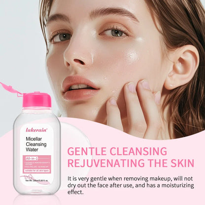 Garnier Micellar Water Hydrating Facial Cleanser pink-cap bottle beside model's dewy skin on Tampa Home & Garden Store