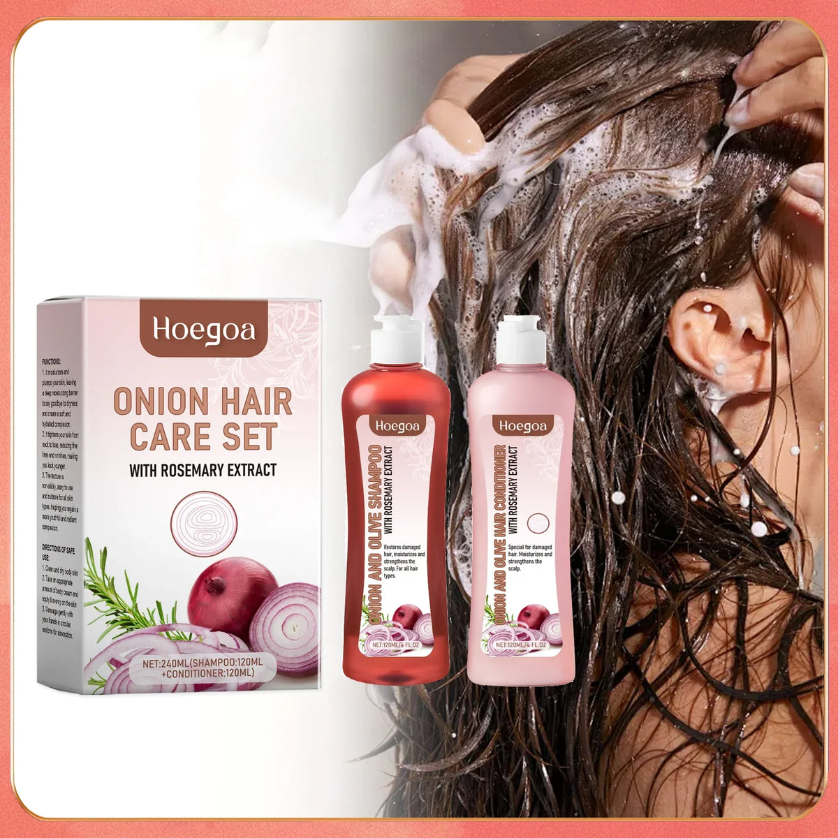 Hoegoa Onion Hair Care Set with Rosemary Extract two shampoo and conditioner bottles beside box on Tampa Home & Garden Store