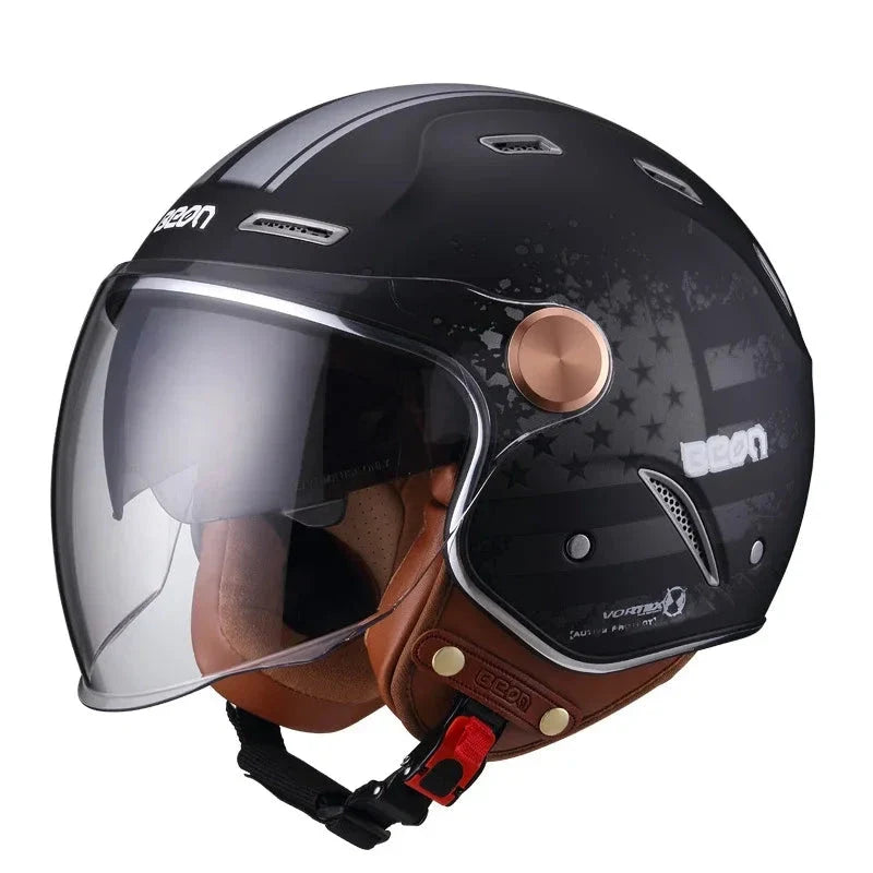Retro open-face helmet by BikerZoneZ in black with brown leather strap and clear visor on Tampa Home & Garden Store
