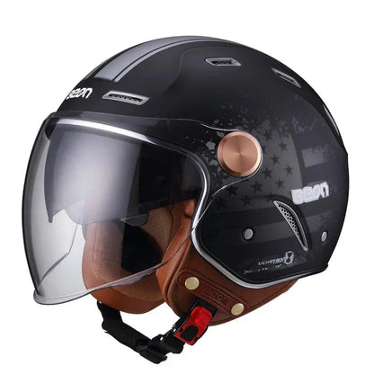 Retro open-face helmet by BikerZoneZ in black with brown leather strap and clear visor on Tampa Home & Garden Store