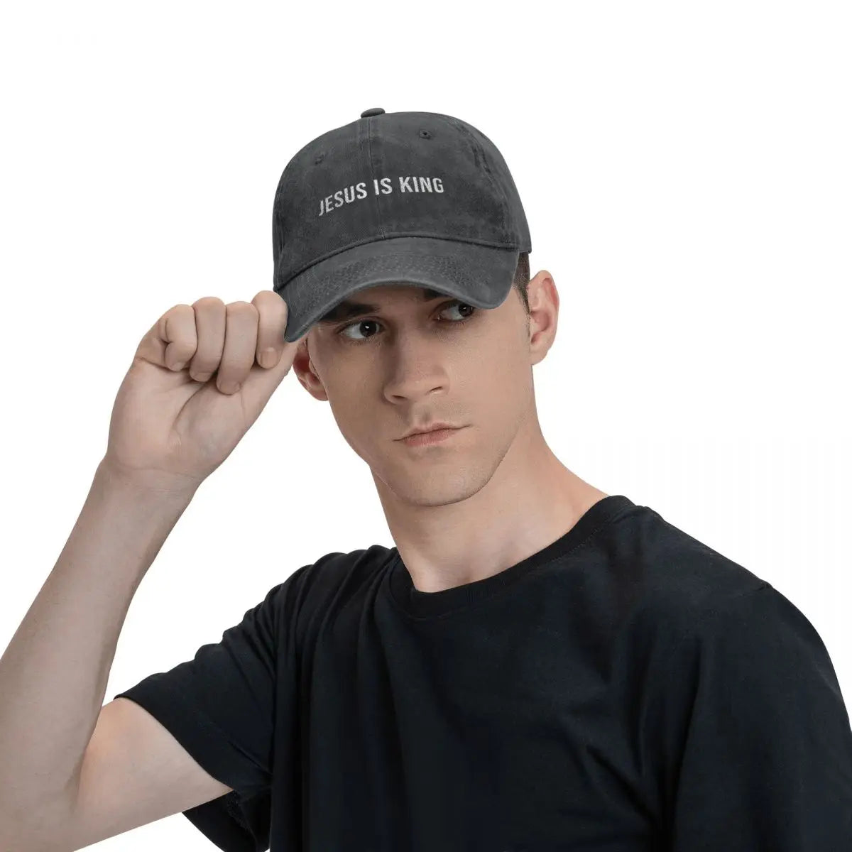King Caps hat by BikerZoneZ, dark washed cap with JESUS IS KING, model adjusting brim on Tampa Home & Garden Store
