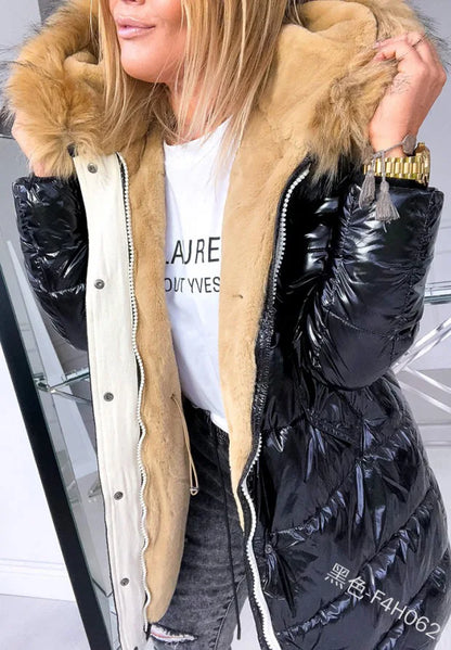 Women's Puffer Jacket with Faux Fur Collar, beige fur, black glossy shell UpTrend Deals on Tampa Home & Garden Store