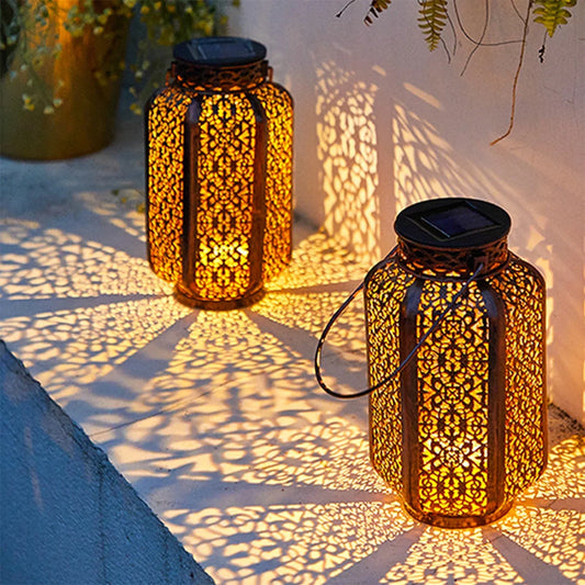 LED Solar Hanging Lantern Retro Iron Art Outdoor Vintage Pathway Decorative Lamp